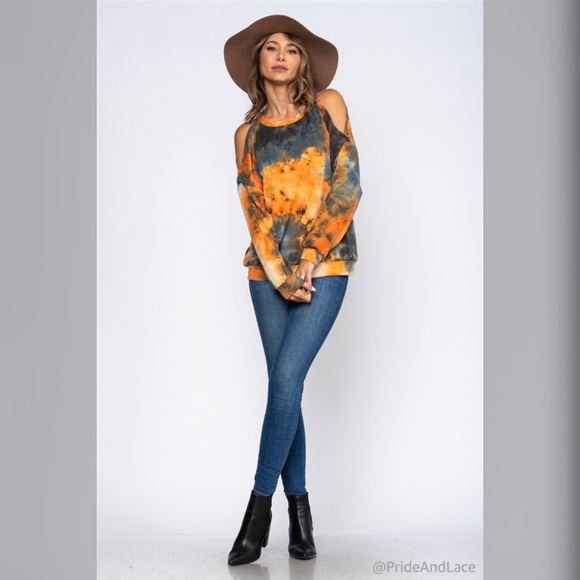BLACK/RUST TIE DYE COLD SHOULDER TOP - Picture 5 of 5